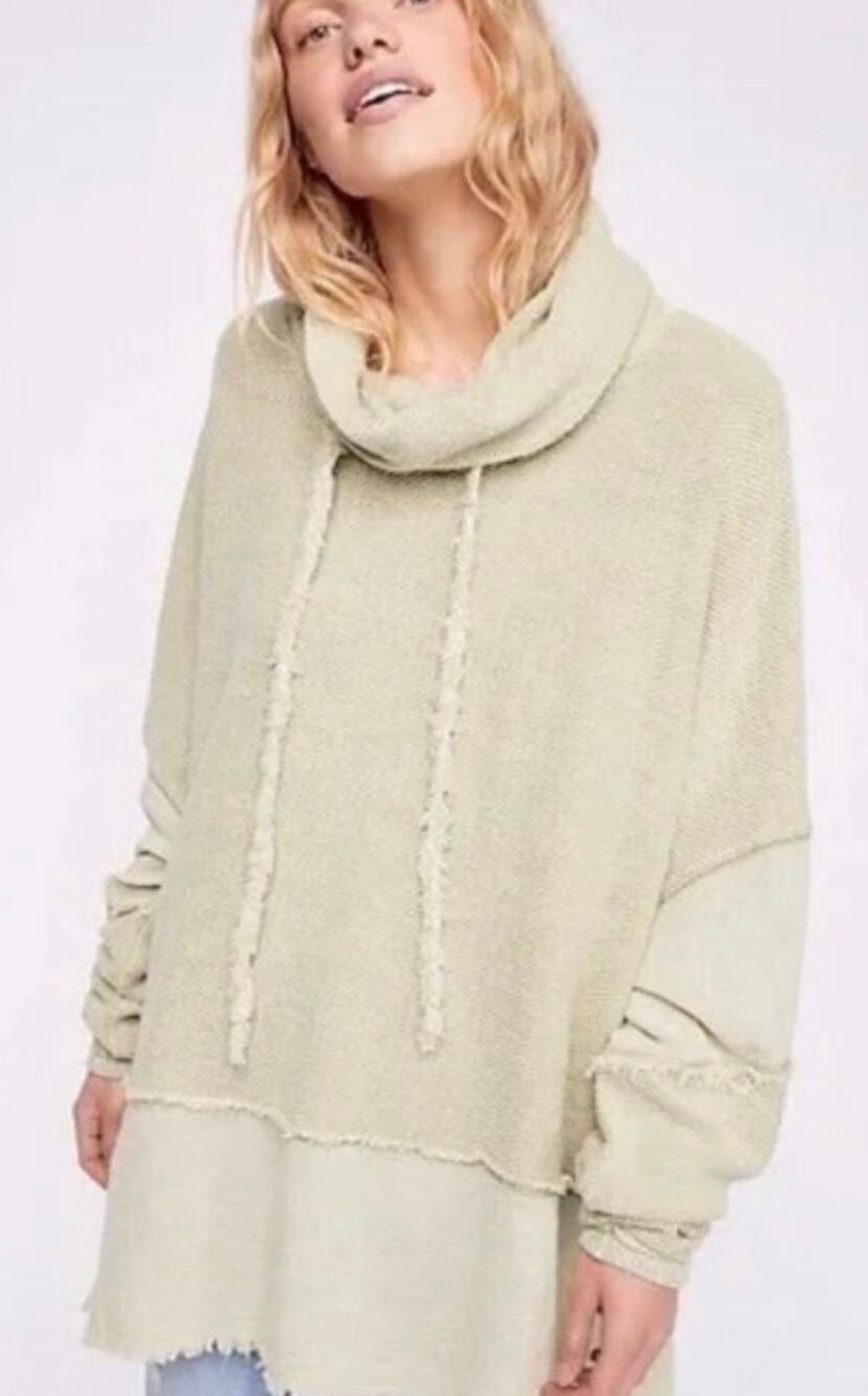 Free People Green Beige Oversized Cowl Neck Frayed  Hem Zoe Pullover-Size XS